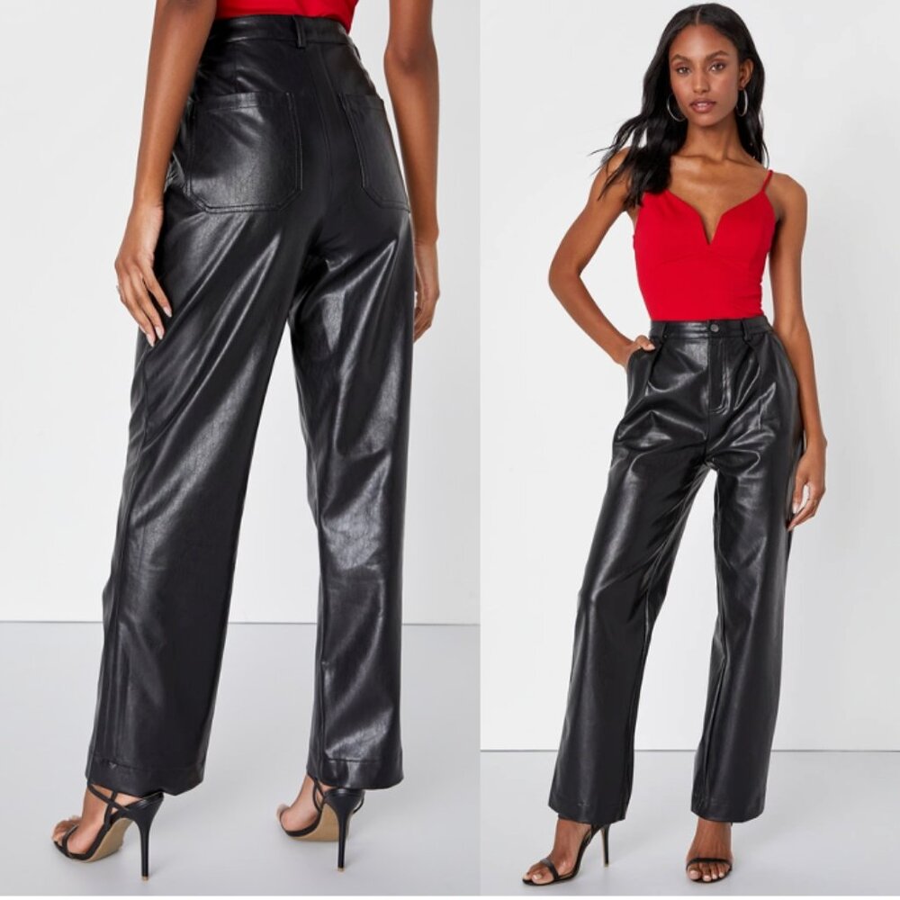 NWT LULUS Check Your Vibe Black Vegan Leather High Rise Straight Pants Size S